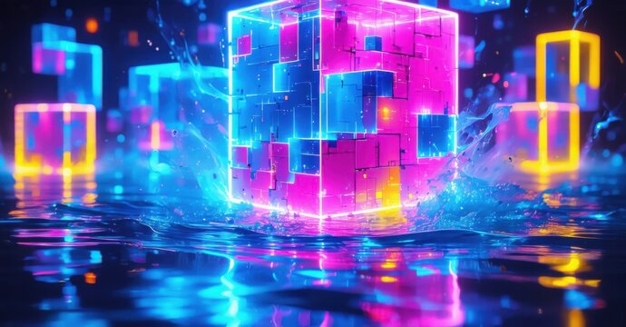 Abstract cybernetic cube design neon blue glowing pink electric yellow arranged fluid floating depth metallic reflections