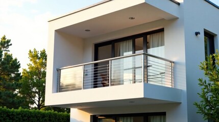 Fototapeta premium Modern Residential Balcony Design with Sleek Stainless Steel Railings and Expansive Glass Panels Offering Unobstructed Views