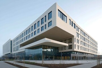 Modern office building exterior with overhanging structure and glass facade