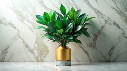 Gold Marble Vase, Green Leaves, Centered Symmetry, High Depth of Field, Clean Clinical Photography
