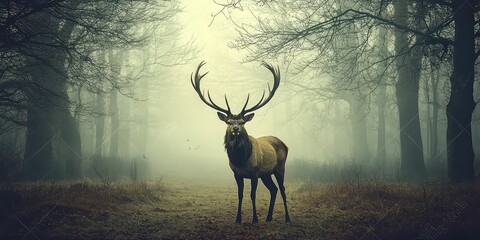 Beautiful deer with large antlers standing in a misty forest