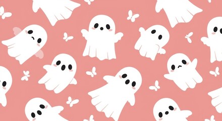 Cute cartoon ghosts, Halloween pattern, pink background, white ghosts, black witch hat, kawaii style, seamless repeat pattern, playful spooky design, childlike illustration, whimsical ghosts, polka do