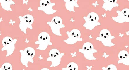 Cute cartoon ghosts, Halloween pattern, pink background, white ghosts, black witch hat, kawaii style, seamless repeat pattern, playful spooky design, childlike illustration, whimsical ghosts, polka do