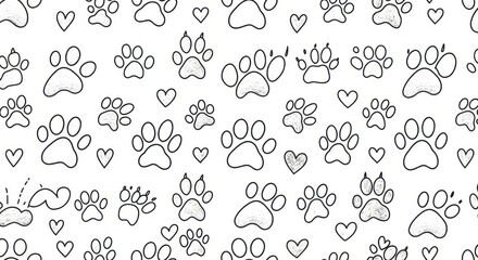 Paw prints pattern, hand-drawn style, black and white sketch, animal tracks, cute doodles, heart shapes, simple linework, repeating motif, pet-themed illustration, minimalist design, playful artwork, 