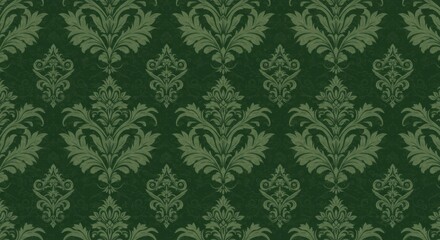 Fototapeta premium Ornate damask pattern, deep forest green wallpaper, intricate floral motifs, Victorian-style design, seamless repeat, rich textures, elegant baroque elements, vintage interior decor, symmetrical patte