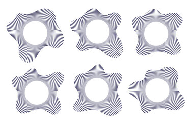 Sound wave, circular equalizer icons, round music soundwave shape, concentric energy burst. Vector illustration.