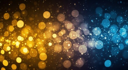 glowing particles, bokeh lights, blue and gold background, abstract, magical atmosphere, blurred circles, shimmering effect, dreamy, ethereal, cosmic, sparkles, night sky, lens flare, luminous orbs, d