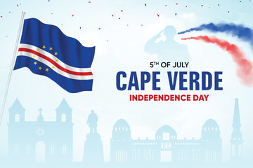 Cape Verde Flag Waving On Skyline Background. Independence Day Concept Design Vector Illustration.
