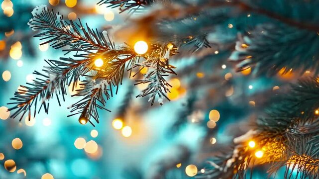 Christmas tree branches with glowing lights and snow
