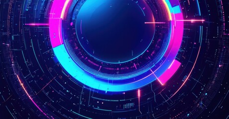 Obraz premium Futuristic high tech design glowing circular elements sapphire blue neon pink cyber green fine noise texture holographic shimmer effect