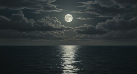 night seascape, full moon, cloudy sky, moonlight reflection on water, dark ocean, moody atmosphere, realistic painting style, detailed clouds, silvery moonbeams, tranquil waters, ethereal glow, mystic
