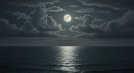 night seascape, full moon, cloudy sky, moonlight reflection on water, dark ocean, moody atmosphere, realistic painting style, detailed clouds, silvery moonbeams, tranquil waters, ethereal glow, mystic