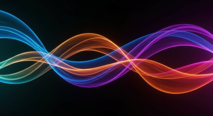 abstract light trails, neon colors, intertwining waves, flowing energy, dynamic curves, vibrant blue pink orange, black background, digital art, motion blur, long exposure effect, glowing lines, futur