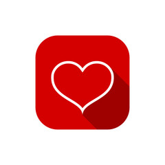 Cute love, heart outline icon with long shadow. Romance, romantic sign symbol on red square