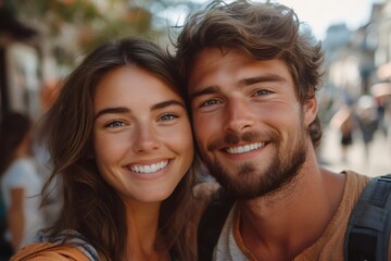 Fototapeta premium Happy tourists couple smiling at camera during vacation