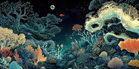An imaginative underwater landscape featuring unique coral and sky elements