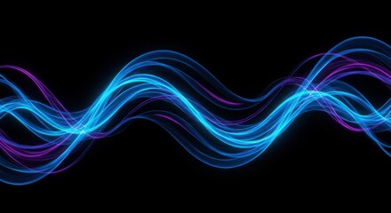 Obraz premium Glowing energy waves, neon blue and purple, flowing curves, abstract light trails, black background, digital art, futuristic, vibrant colors, dynamic motion, ethereal, sleek design, high contrast, lum