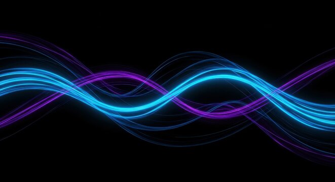 Glowing energy waves, neon blue and purple, flowing curves, abstract light trails, black background, digital art, futuristic, vibrant colors, dynamic motion, ethereal, sleek design, high contrast, lum