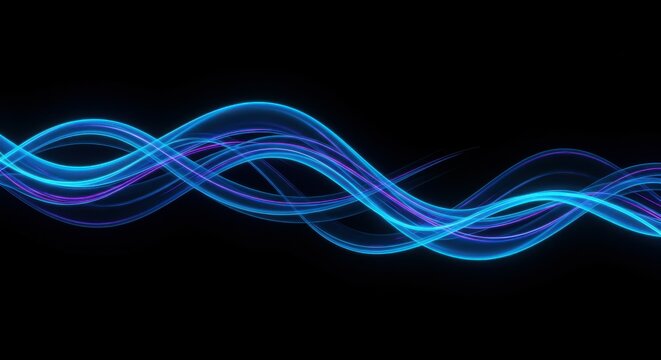 Glowing energy waves, neon blue and purple, flowing curves, abstract light trails, black background, digital art, futuristic, vibrant colors, dynamic motion, ethereal, sleek design, high contrast, lum