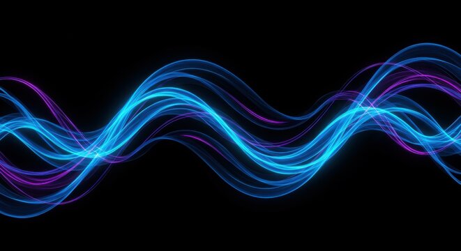 Glowing energy waves, neon blue and purple, flowing curves, abstract light trails, black background, digital art, futuristic, vibrant colors, dynamic motion, ethereal, sleek design, high contrast, lum
