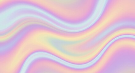 Obraz premium Pastel holographic waves, iridescent flowing pattern, soft gradient colors, pink and blue hues, shimmering rainbow effect, ethereal abstract background, smooth undulating curves, dreamy texture, pearl