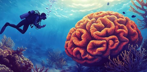 A scuba diver observing a large brain underwater in the ocean