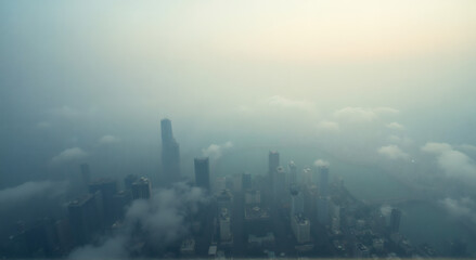 Fototapeta premium Aerial City Smog Pollution, An aerial view of a metropolis hidden beneath a thick blanket of smog. The hazy layers mix with natural clouds