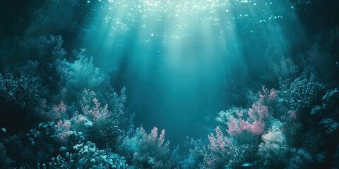 Fototapeta premium Underwater scene with coral reefs and light beams shining down