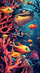 A colorful underwater scene shows various kinds of fishes