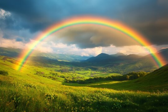 Bright rainbow appearing over green mountain valley after the rain