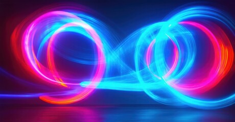 Naklejka premium High energy neon abstract artwork swirling glowing rings electric cyan ultraviolet bright red creating movement visual depth