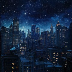Obraz premium Nighttime cityscape illuminated by lights under a starry night sky