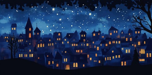 A charming town lit under a stunning starry night sky