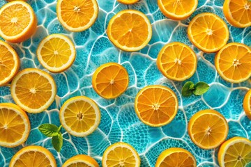 Obraz premium Creative summer composition made of sliced orange in transparent pool water. Healthy refreshing drink theme. Top view