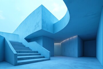 Modern Blue Architectural Interior with Unique Staircase Design