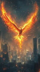 Obraz premium A fiery bird of legend is rising above the city