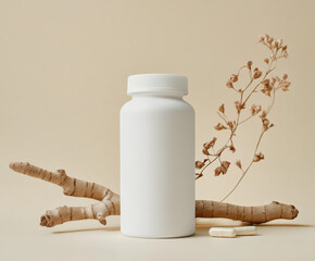 white supplement bottle near ashwagandha root plant mockup 
