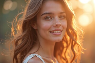 Fototapeta premium Young Woman Smiling in Warm Sunset Light with Soft Hair Flowing