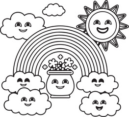 Cute sun peeking out from behind the rainbow outlined for coloring page isolated on white background