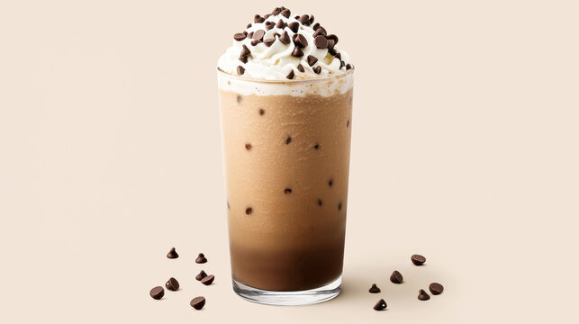 Iced mocha frappuccino with whipped cream and chocolate chips on light background