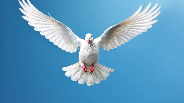 A white dove captured mid-flight against a blue sky, viewed from a low angle. The video conveys peace and freedom with a serene, natural style.