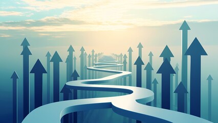 Pathway of rising arrows serene landscape digital illustration motivational concept elevated viewpoint