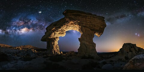 Colossal rock formation standing tall under a starry night sky