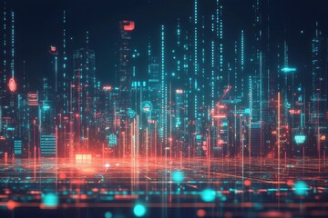 Fototapeta premium A futuristic digital city scape with glowing lines and buildings