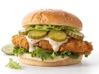 A crispy fried chicken sandwich with fresh pickles, lettuce, and creamy sauce, isolated on a white background for food photography and branding.