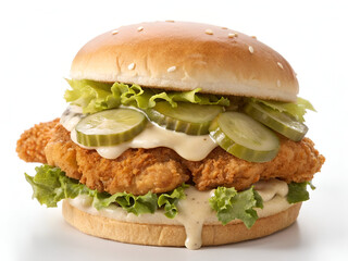 A crispy fried chicken sandwich with fresh pickles, lettuce, and creamy sauce, isolated on a white background for food photography and branding.