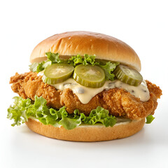 A crispy fried chicken sandwich with fresh pickles, lettuce, and creamy sauce, isolated on a white background for food photography and branding.