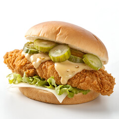 A crispy fried chicken sandwich with fresh pickles, lettuce, and creamy sauce, isolated on a white background for food photography and branding.