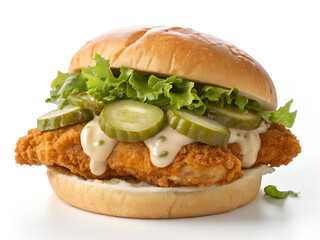 A crispy fried chicken sandwich with fresh pickles, lettuce, and creamy sauce, isolated on a white background for food photography and branding.