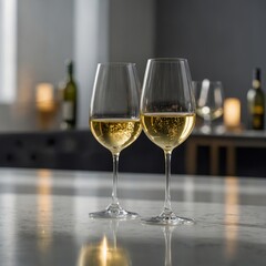 White wine glasses : Generative AI  Set of two elegant champagne coupe glasses with rose sparkling wine  Two elegant wine glasses filled with white wine rest on a marbled table. The soft lighting crea